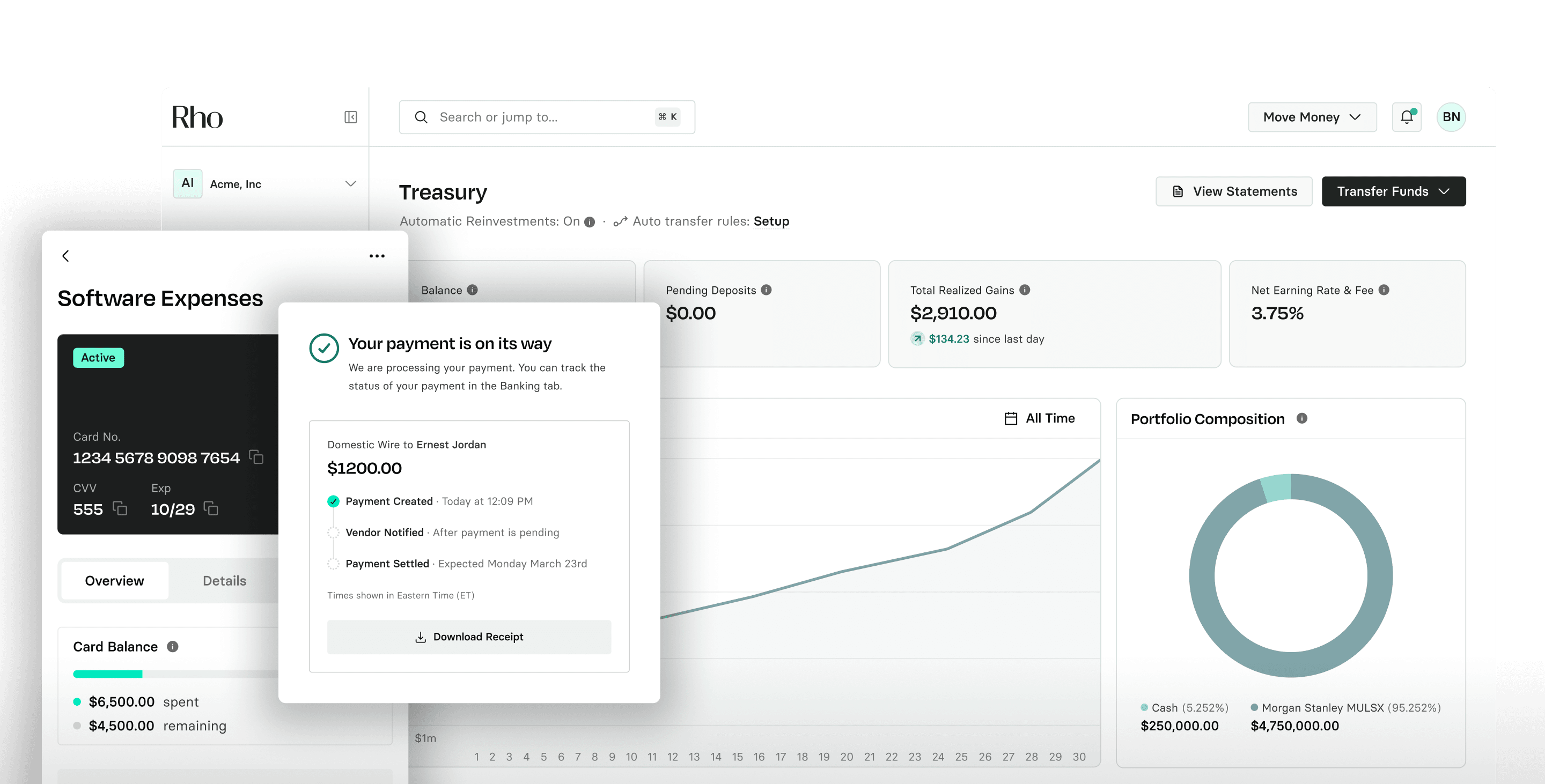 Rho financial dashboard showing software expenses, treasury balance, payment status, and portfolio composition charts