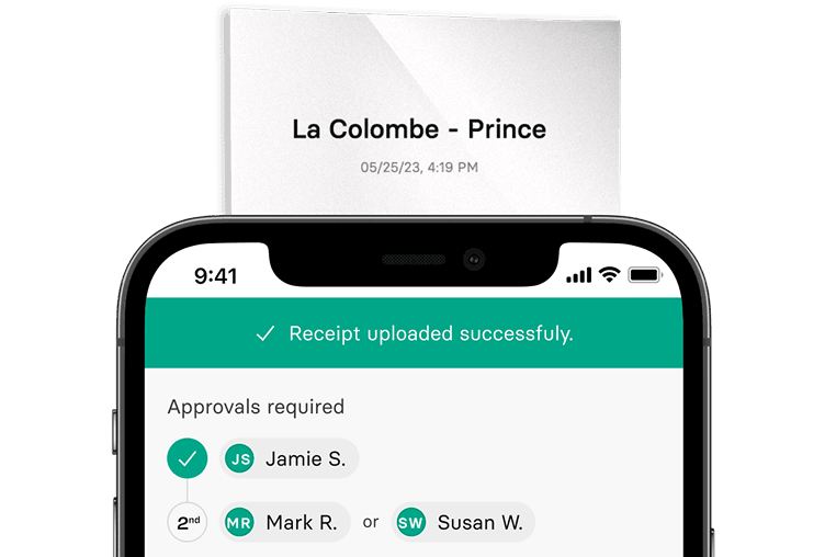 Smartphone screen showing a receipt upload confirmation for La Colombe - Prince, with approval options from Jamie S., Mark R., and Susan W.