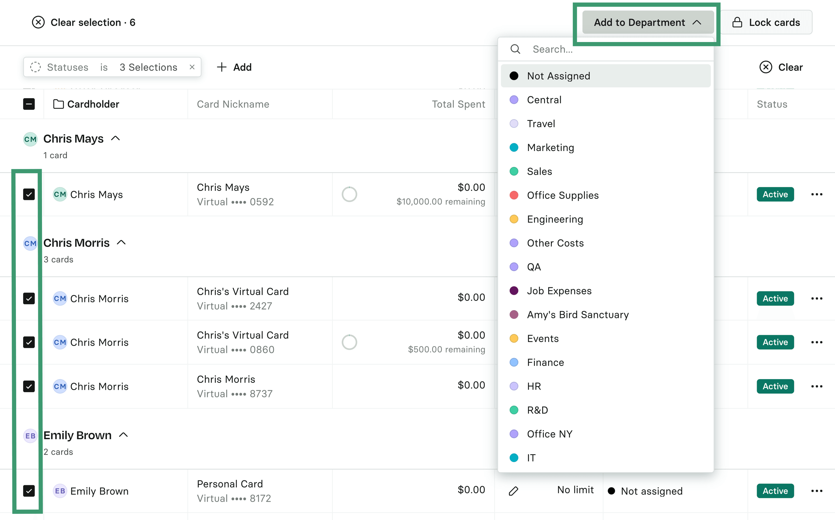Six cards selected with the Add to Department menu open, listing the available departments