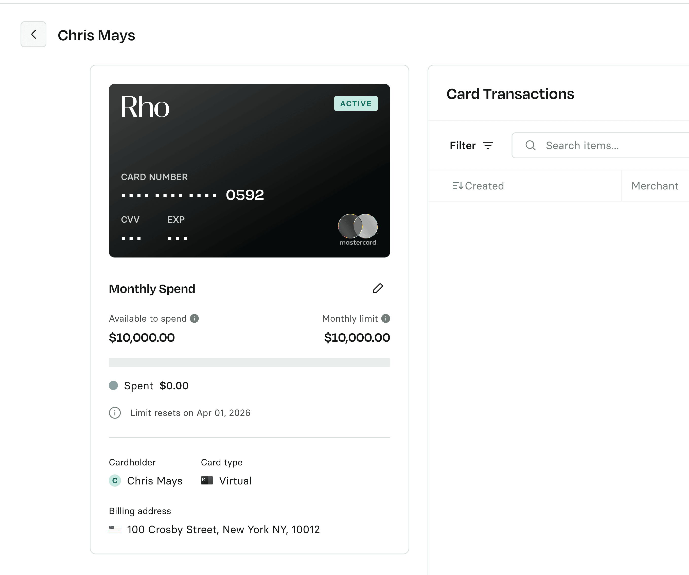 A virtual card's detail page showing the masked card number, CVV and expiry alongside its monthly spend, limit and billing address