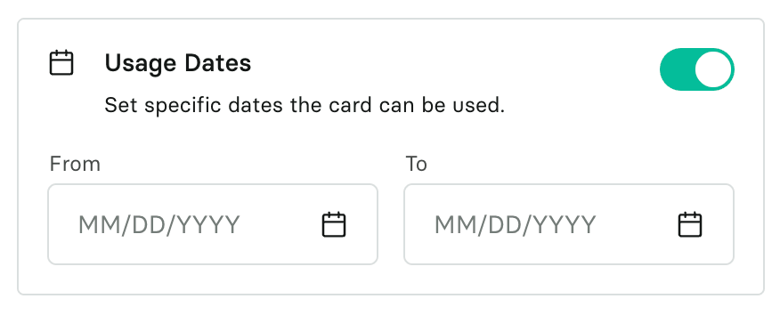 Usage Dates switched on, with From and To date fields